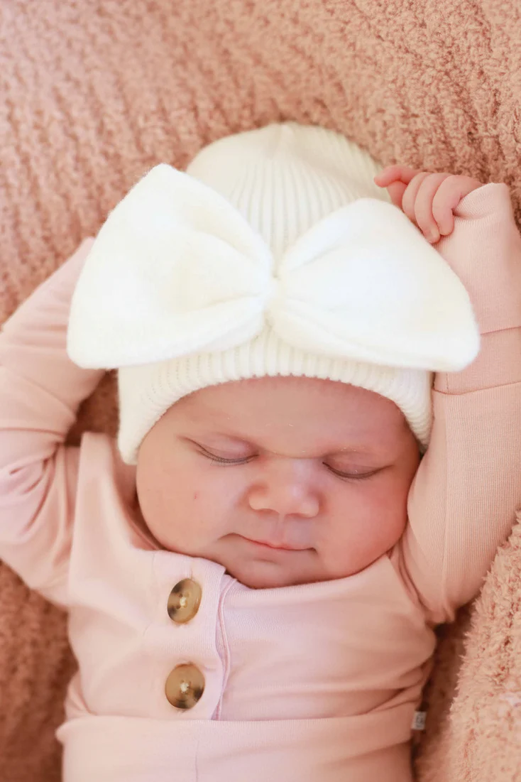 Knit Newborn Bow Beanie | Light Ivory - Image 3