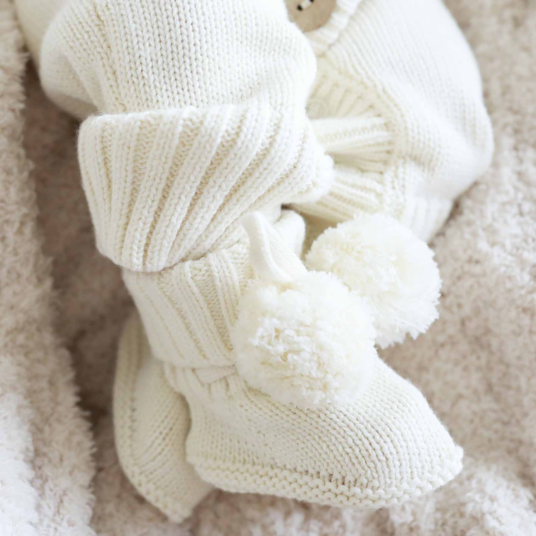 Knit Pom Pom Baby Booties | Ivory - Image 3