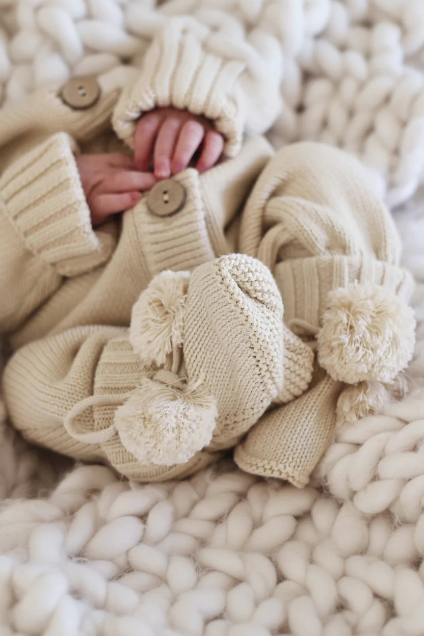 Knit Pom Pom Baby Booties | Sand - Image 2