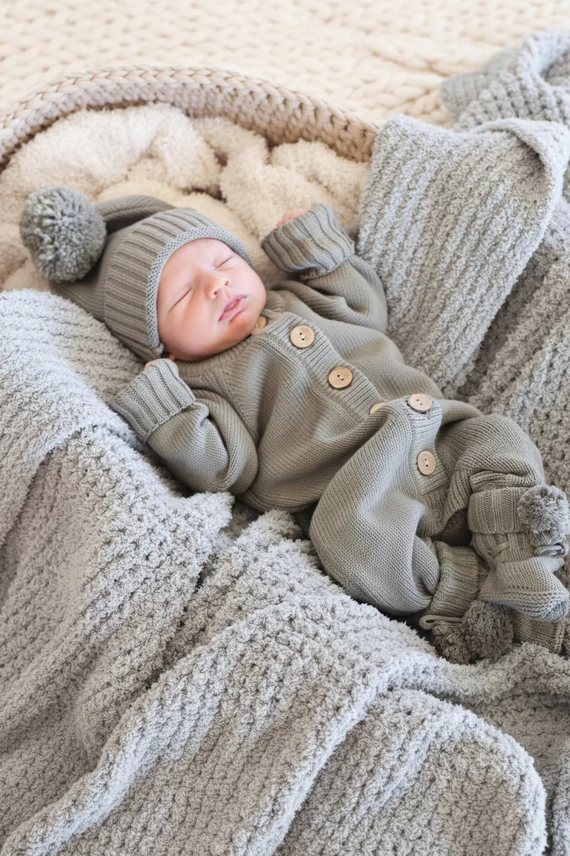 Knit Pom Pom Baby Booties | Smoke - Image 2