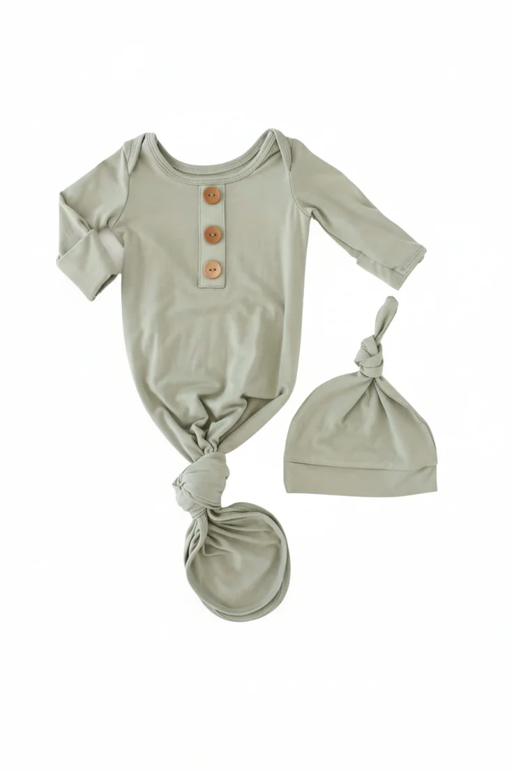 Solid Moss Bamboo Baby Knot Gown & Hat - Image 2