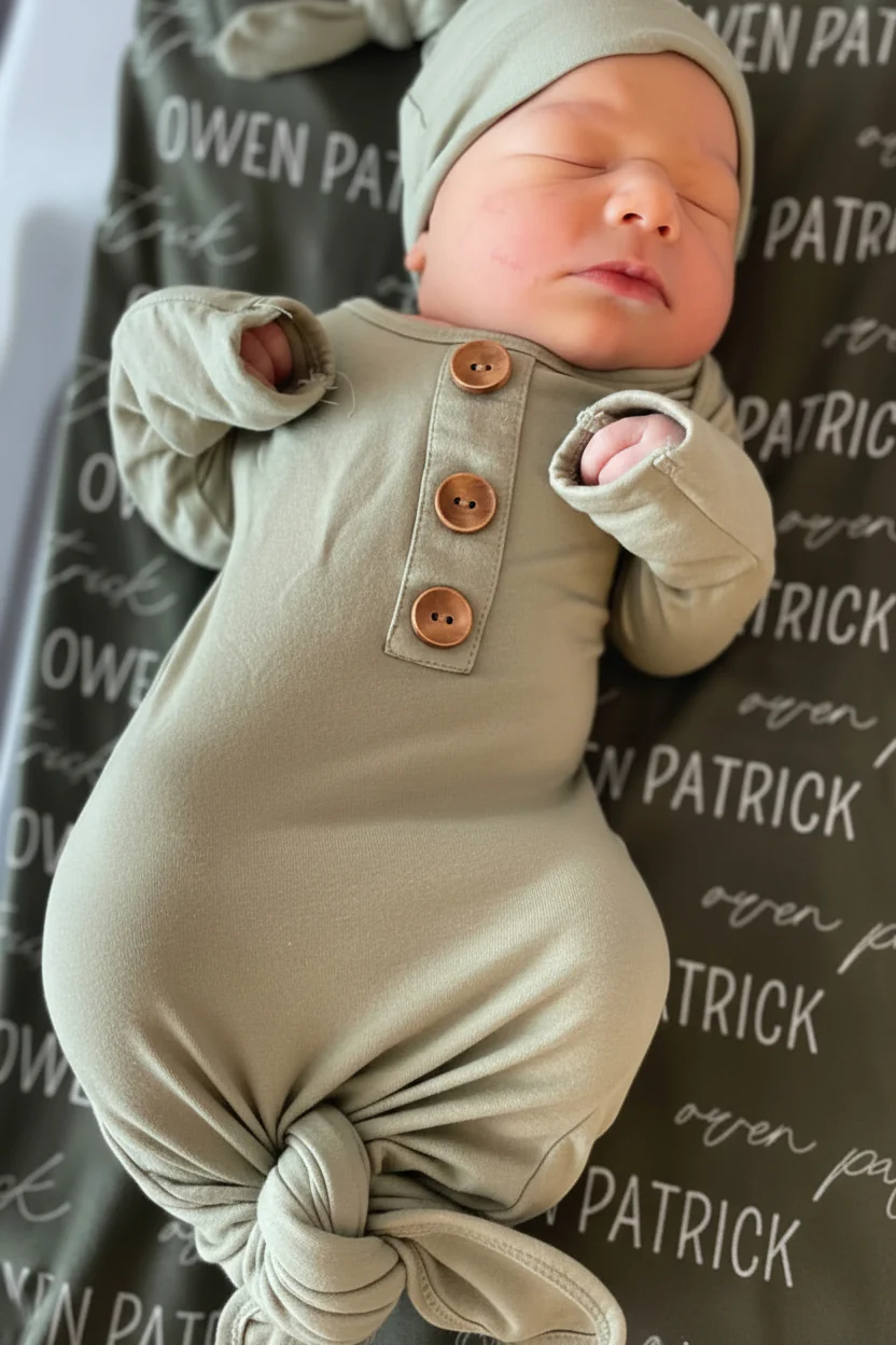 Solid Moss Bamboo Baby Knot Gown & Hat - Image 3