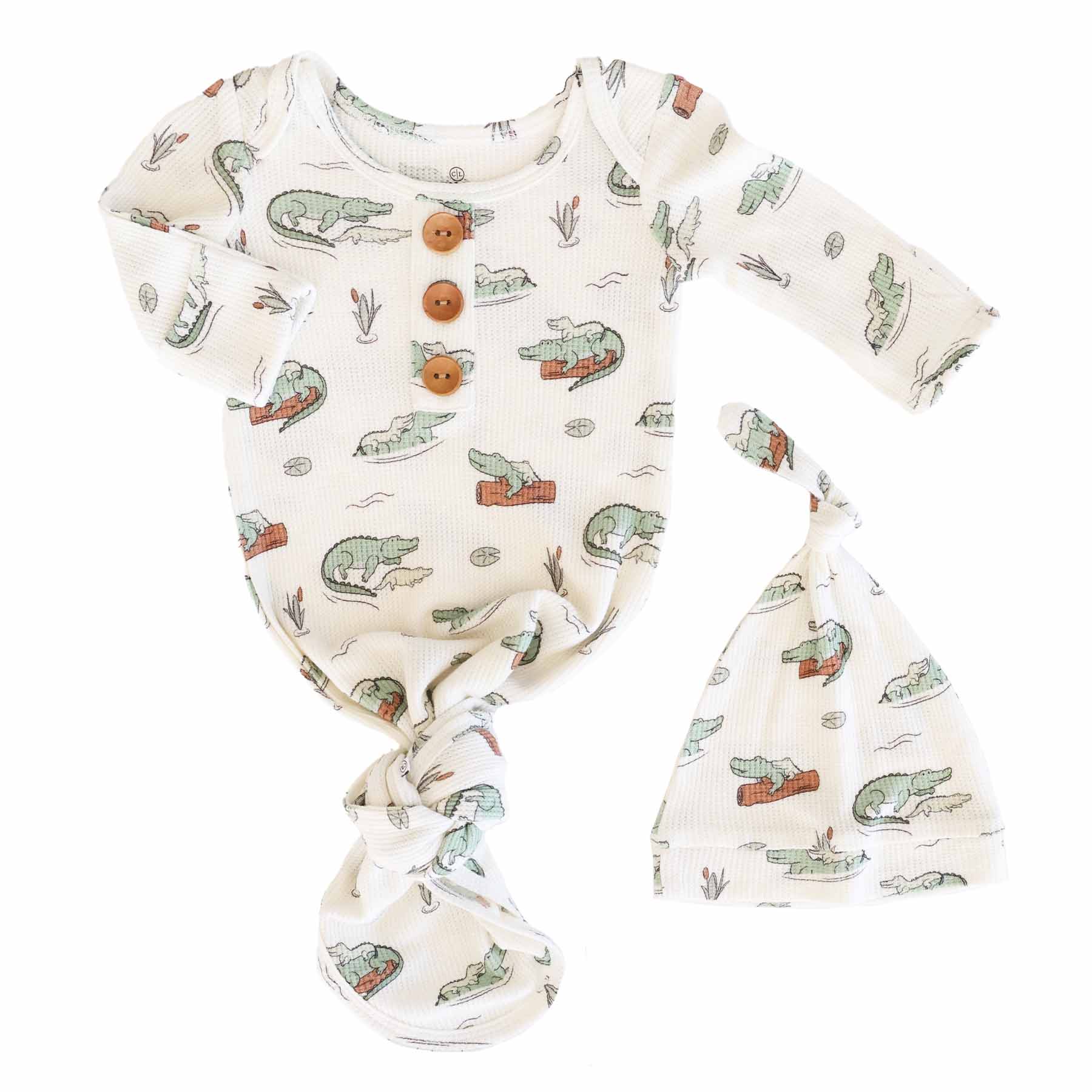 Later Gator Bamboo Waffle Newborn Baby Knot Gown & Hat Set - Image 2