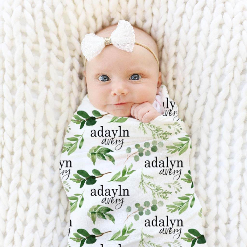 Leafy Greenery Personalized Baby Name Swaddle Blanket - Image 2
