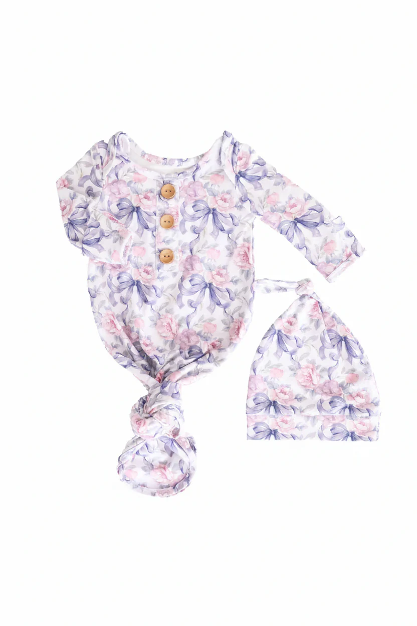 Leighton's Lavender Newborn Baby Knot Gown & Hat Set - Image 2