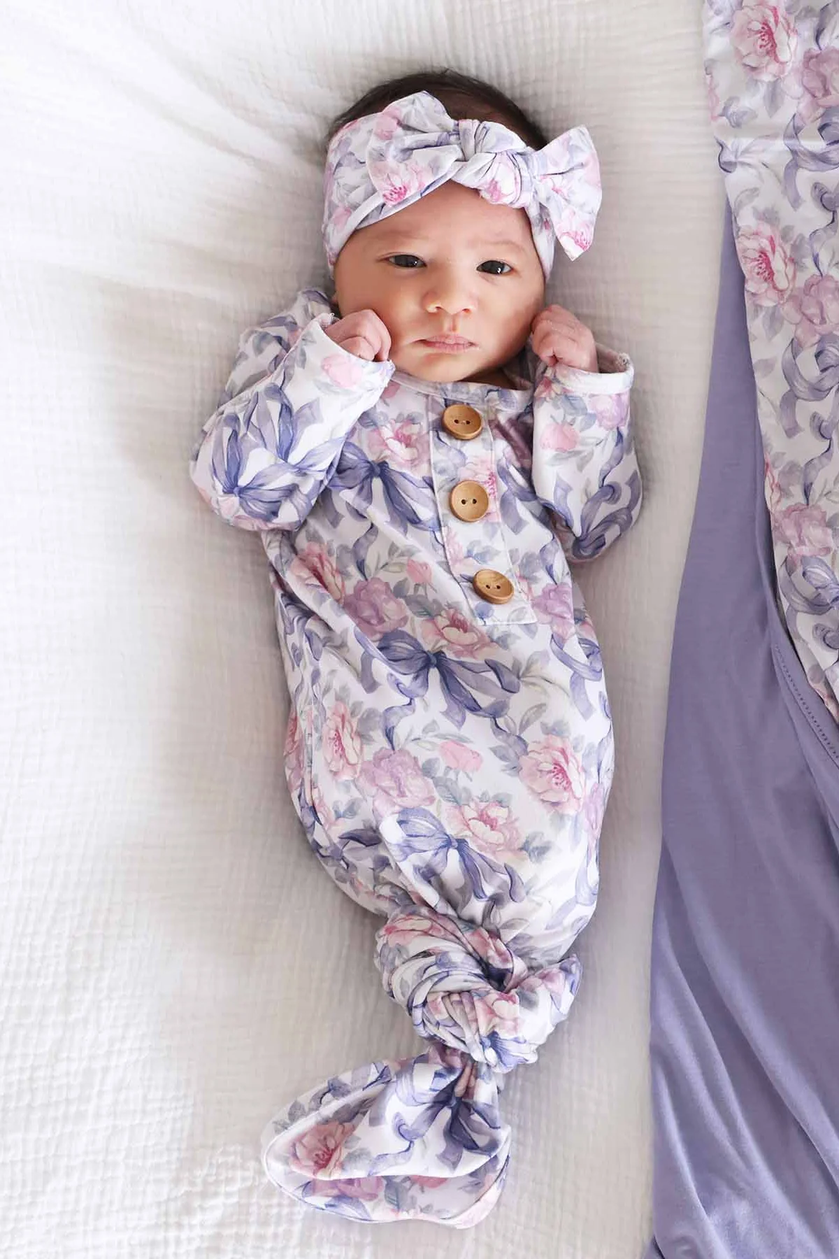 Leighton's Lavender Newborn Baby Knot Gown & Hat Set - Image 4