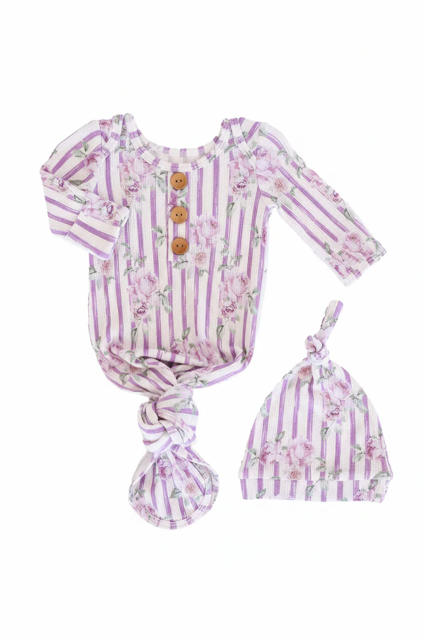 Lila's Lilacs Bamboo Waffle Newborn Baby Knot Gown & Hat Set - Image 2