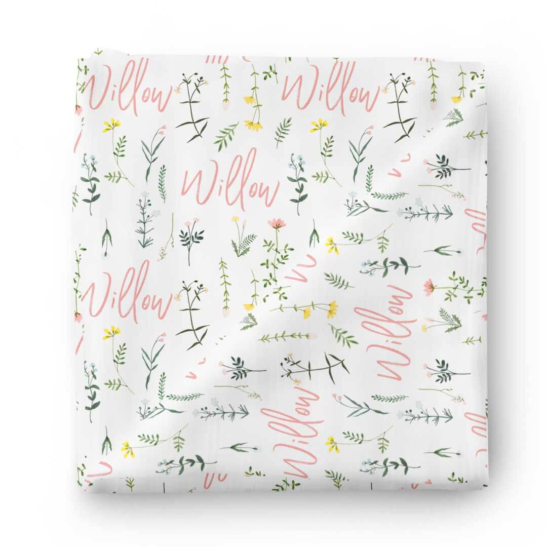 Lilly's Wildflower Leaves Personalized Baby Name Swaddle Blanket - Image 2