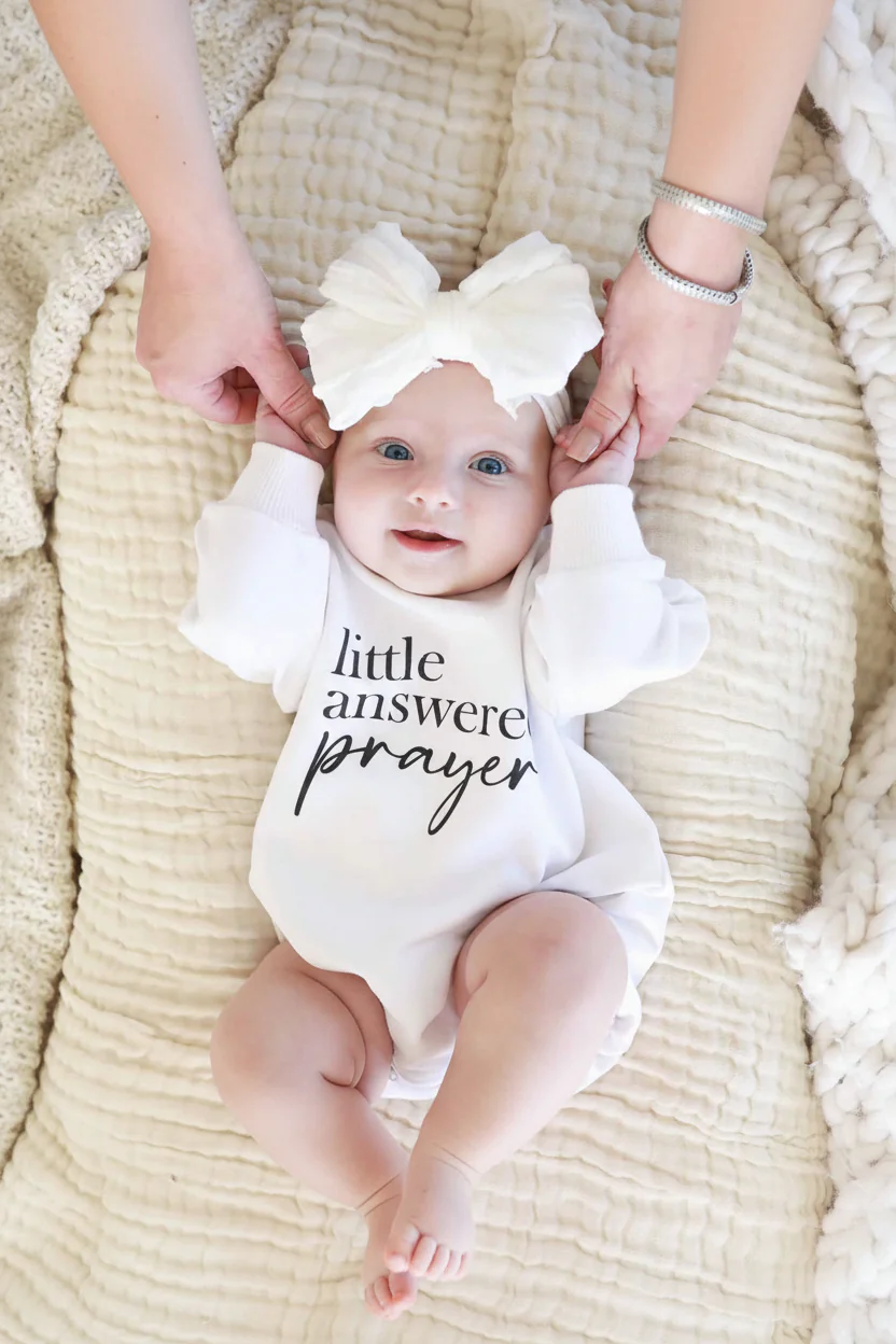 Little Answered Prayer Graphic Sweatshirt Bubble Romper | White