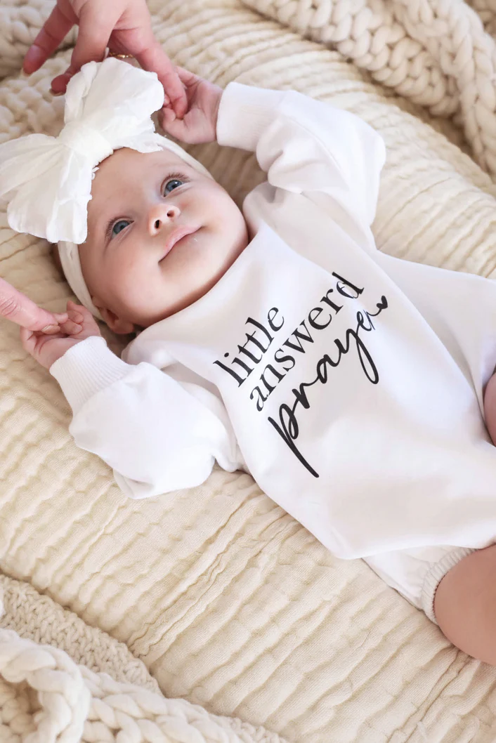 Little Answered Prayer Graphic Sweatshirt Bubble Romper | White - Image 3