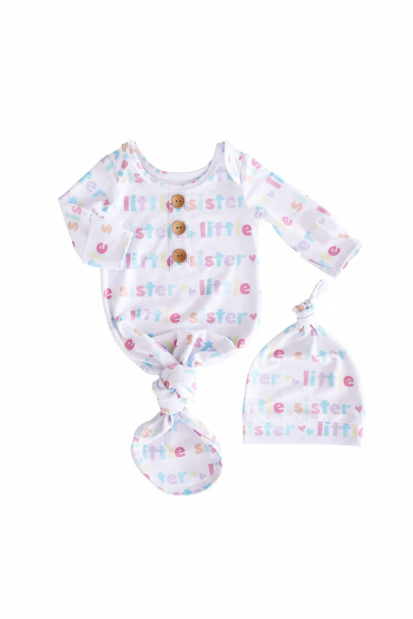 Little Sister Newborn Baby Knot Gown & Hat Set - Image 2