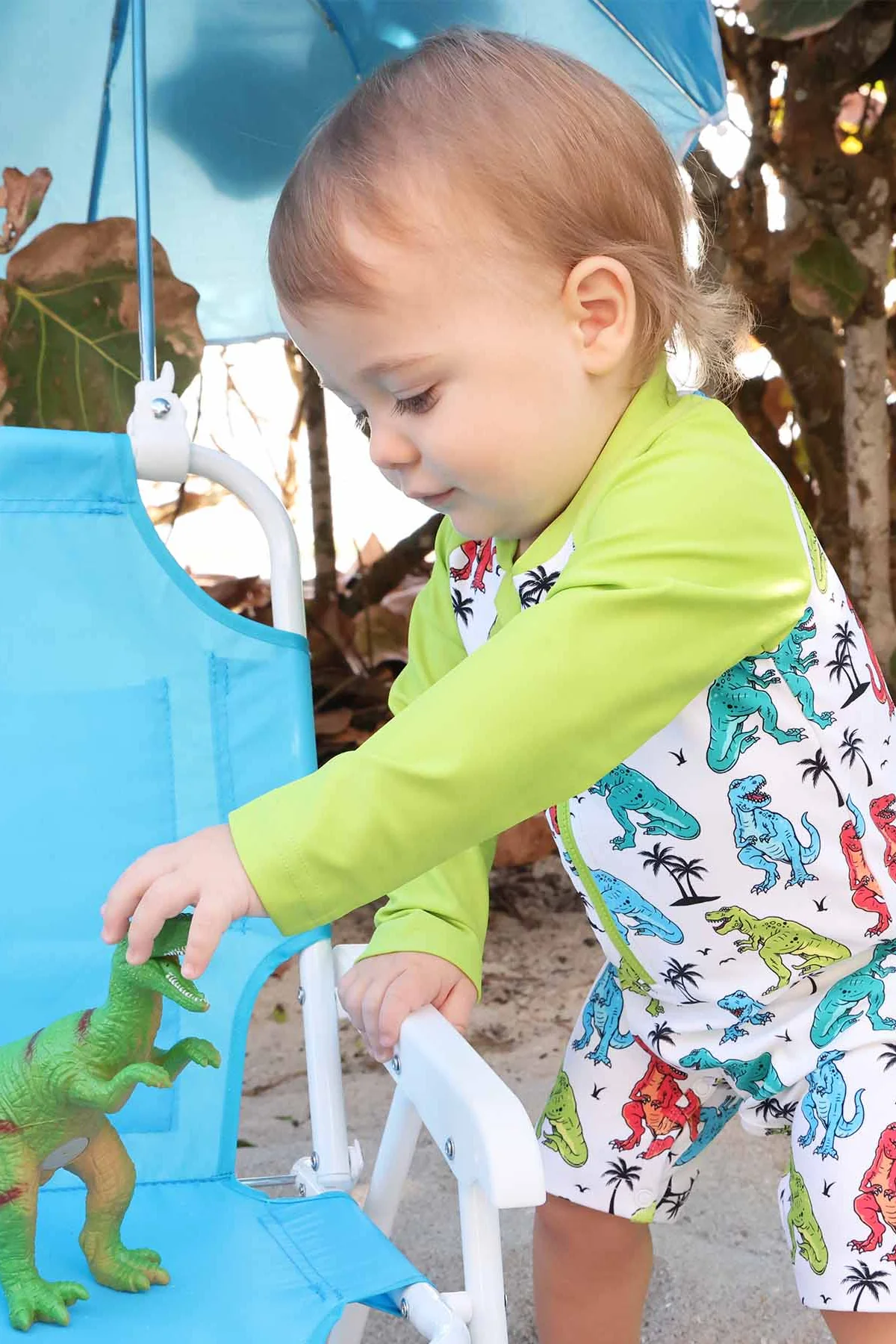 Long Sleeve Rash Guard Swim Romper Shortie | Tropical T-Rex - Image 11