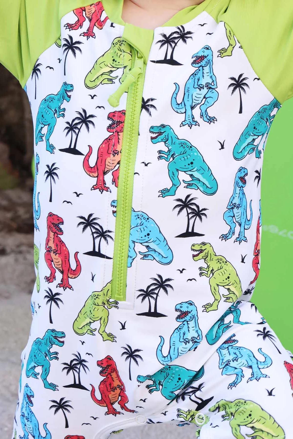 Long Sleeve Rash Guard Swim Romper Shortie | Tropical T-Rex - Image 12