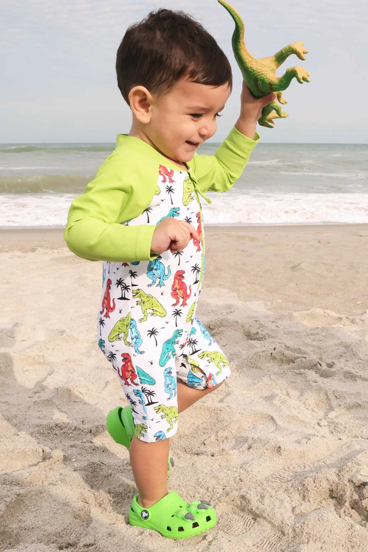 Long Sleeve Rash Guard Swim Romper Shortie | Tropical T-Rex - Image 13