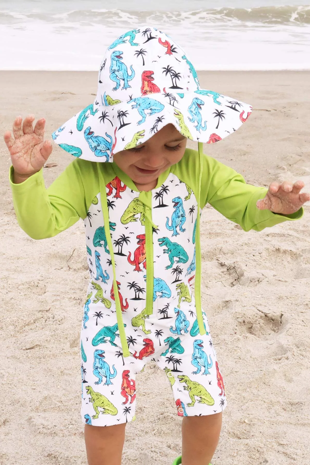 Long Sleeve Rash Guard Swim Romper Shortie | Tropical T-Rex - Image 5