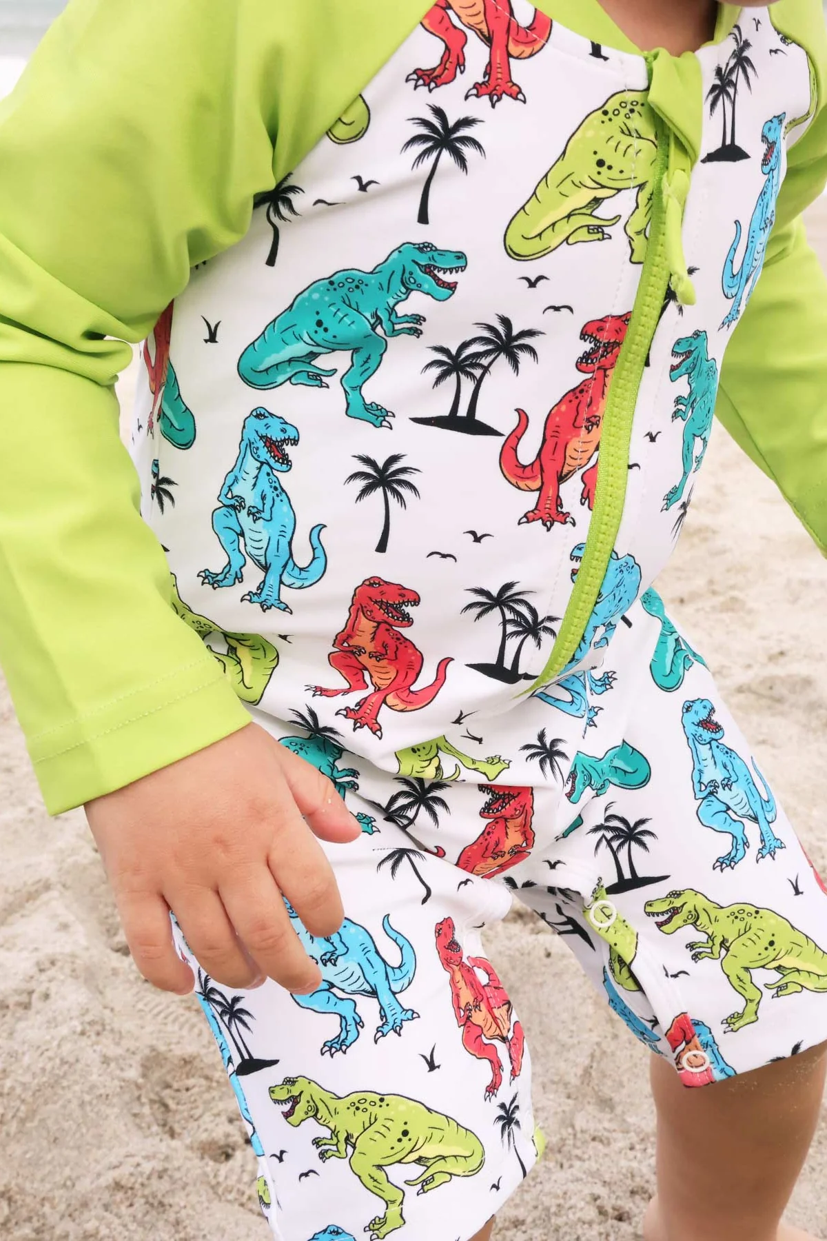 Long Sleeve Rash Guard Swim Romper Shortie | Tropical T-Rex - Image 6