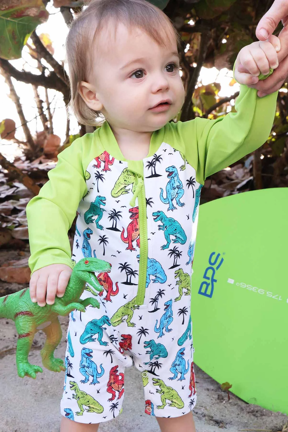 Long Sleeve Rash Guard Swim Romper Shortie | Tropical T-Rex - Image 7