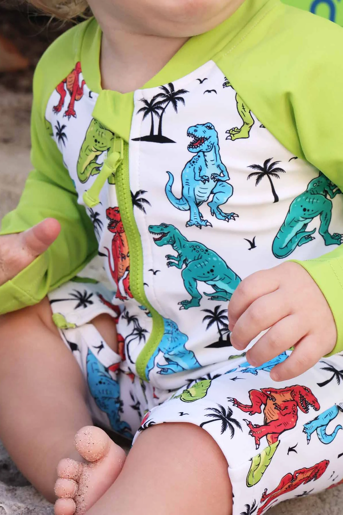 Long Sleeve Rash Guard Swim Romper Shortie | Tropical T-Rex - Image 8