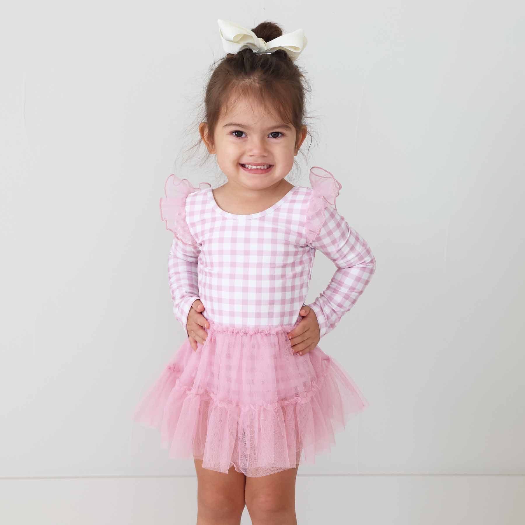 Long Sleeve Ruffle Skirt Leotard | Girly Gingham - Image 11