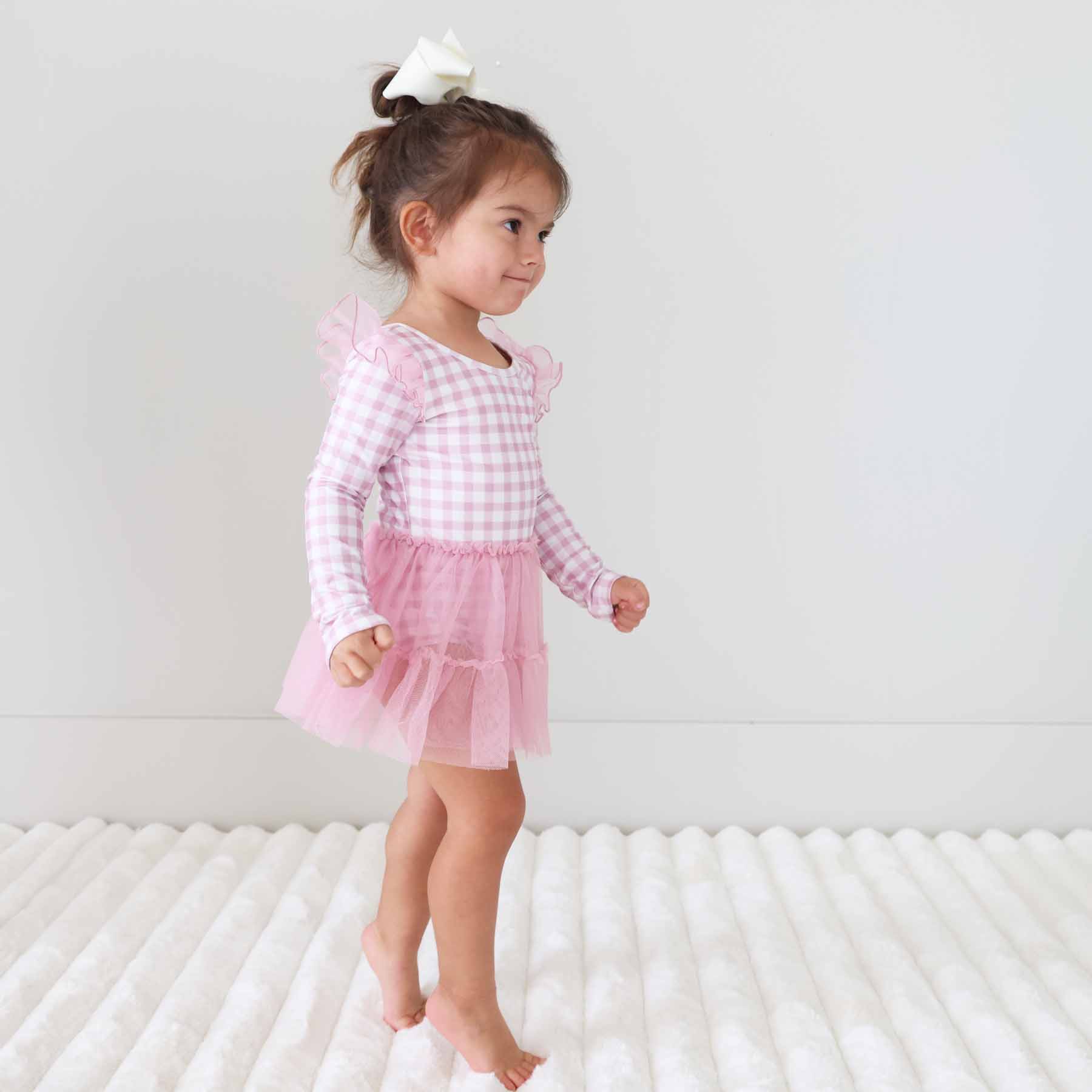 Long Sleeve Ruffle Skirt Leotard | Girly Gingham - Image 16