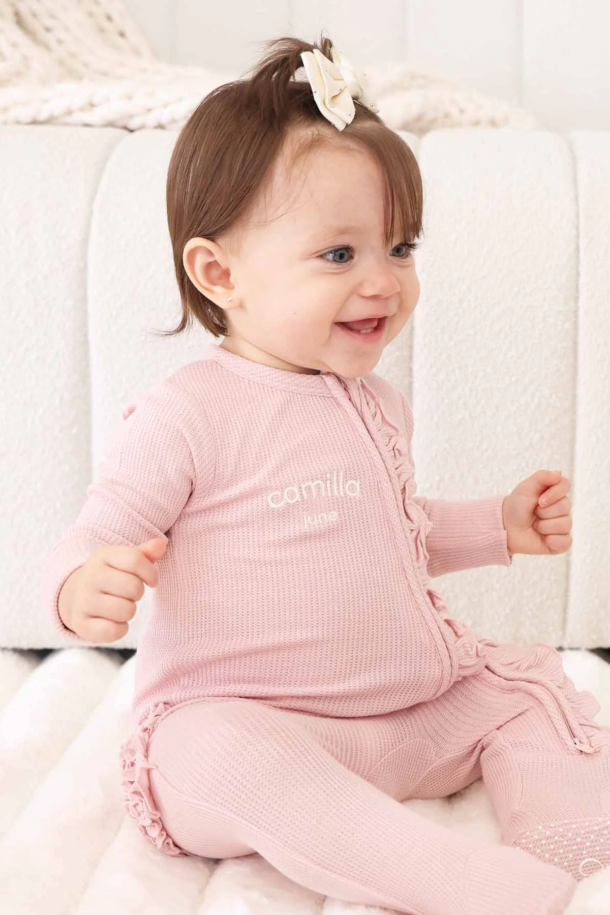 Embroidered Bamboo Waffle Zipper Ruffle Footie | Lotus - Image 3