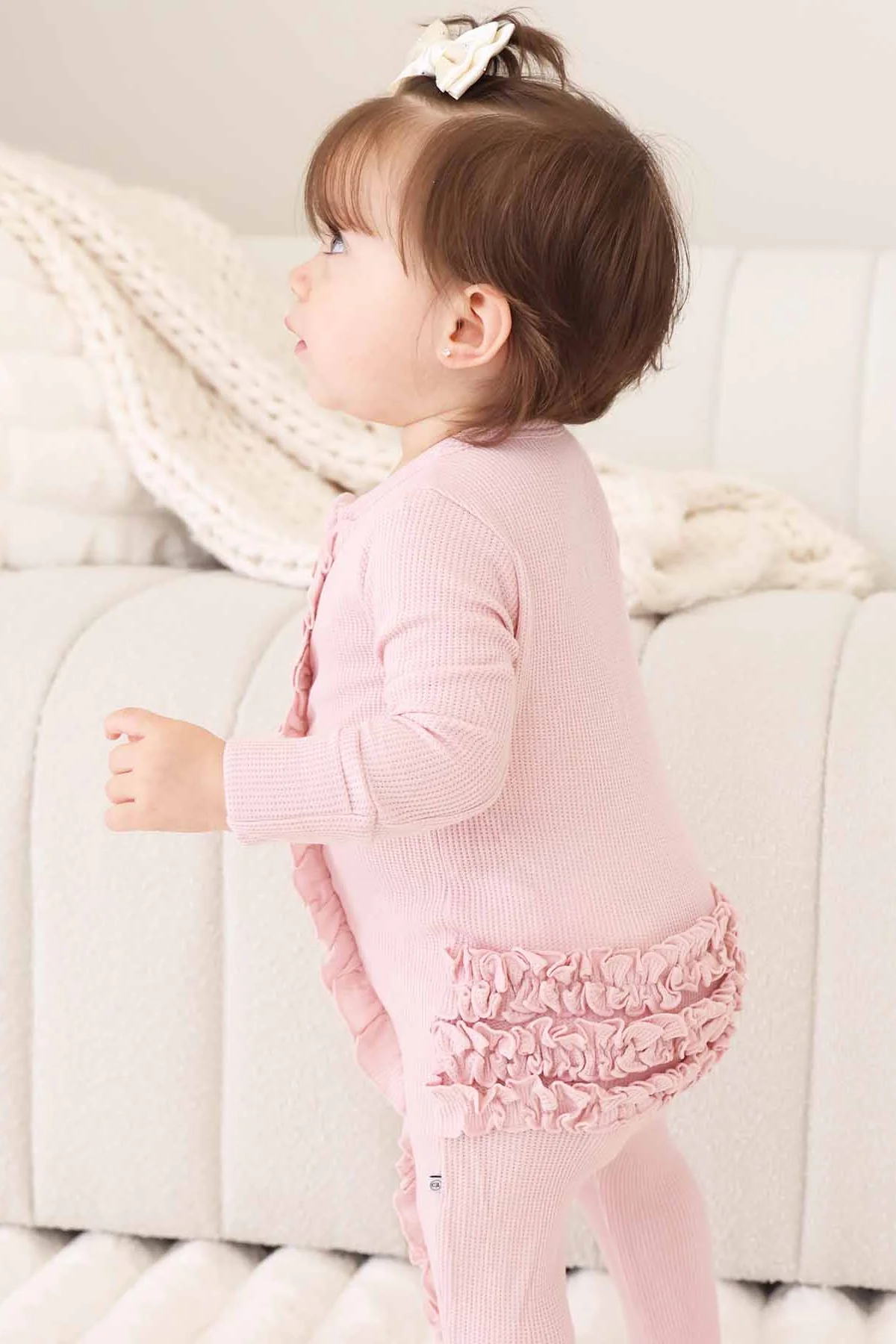 Embroidered Bamboo Waffle Zipper Ruffle Footie | Lotus - Image 5