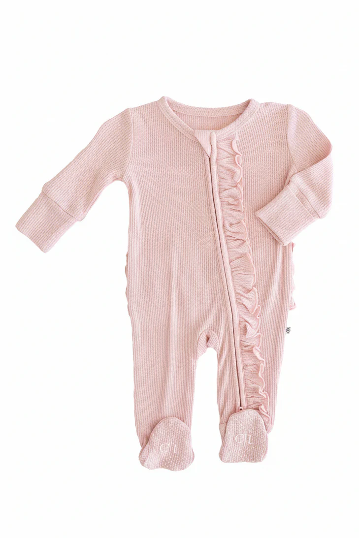 Embroidered Bamboo Waffle Zipper Ruffle Footie | Lotus - Image 8