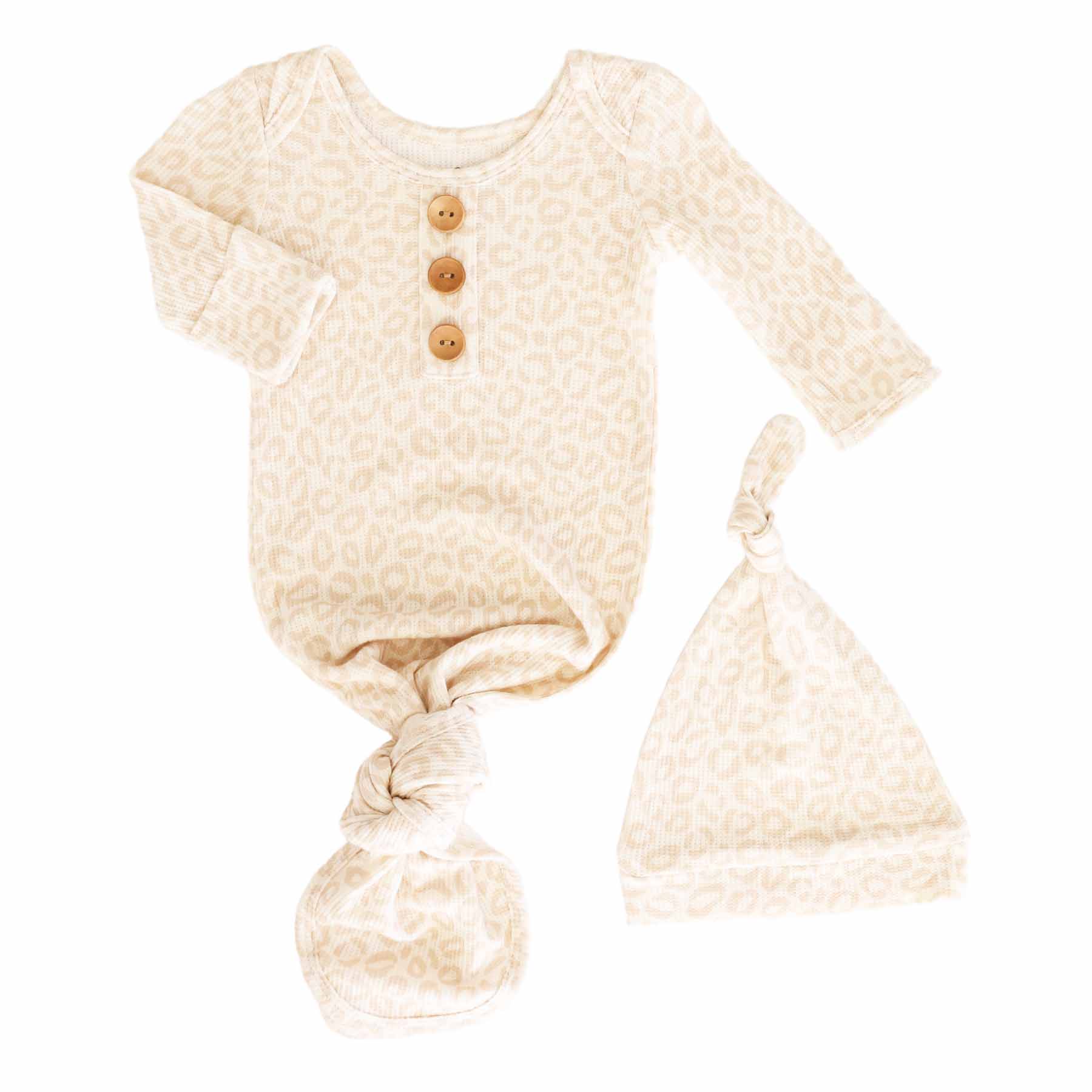 Lovely Leopard Bamboo Waffle Newborn Baby Knot Gown & Hat Set - Image 3