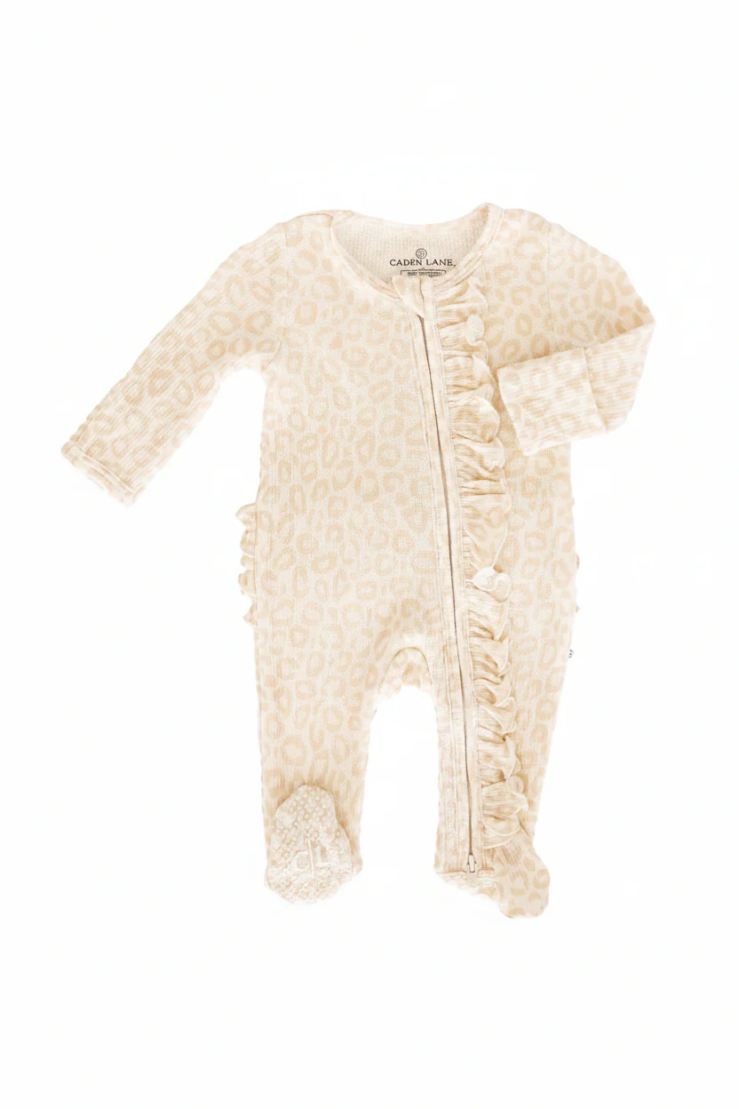 Lovely Leopard Bamboo Waffle Ruffle Zipper Footie - Image 11