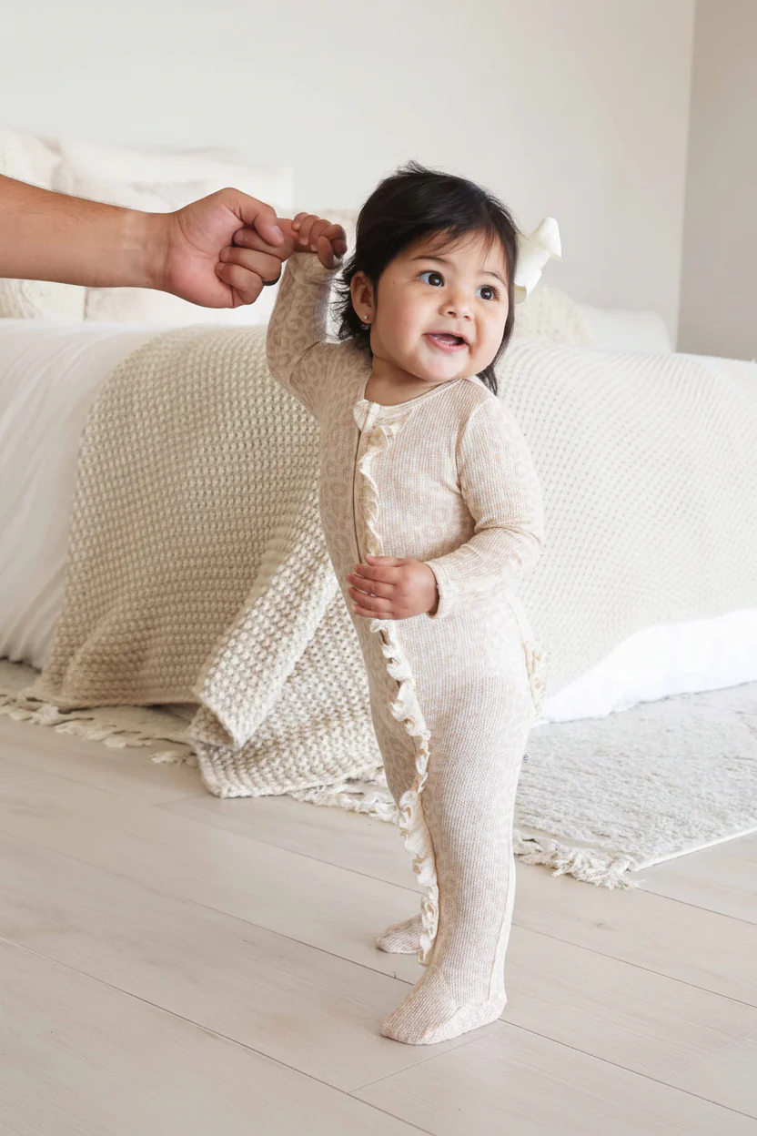Lovely Leopard Bamboo Waffle Ruffle Zipper Footie - Image 3