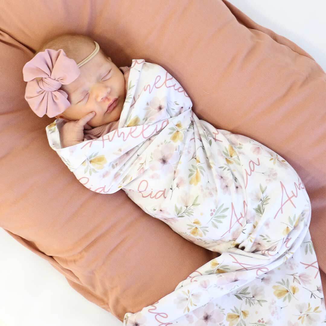 Maeve's Mauve & Mustard Floral Personalized Baby Name Swaddle - Image 3