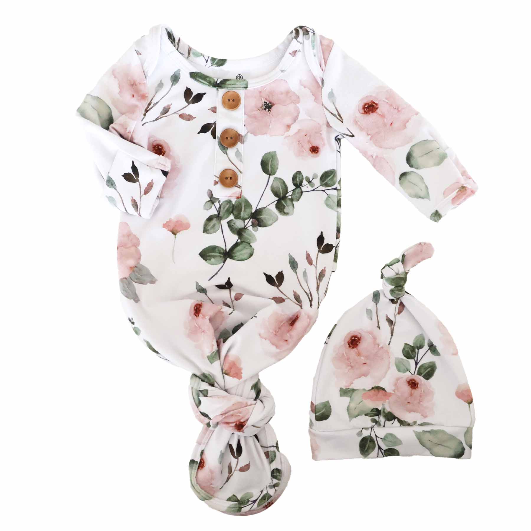 Millie's Dusty Rose Garden Newborn Baby Knot Gown & Hat Set - Image 2