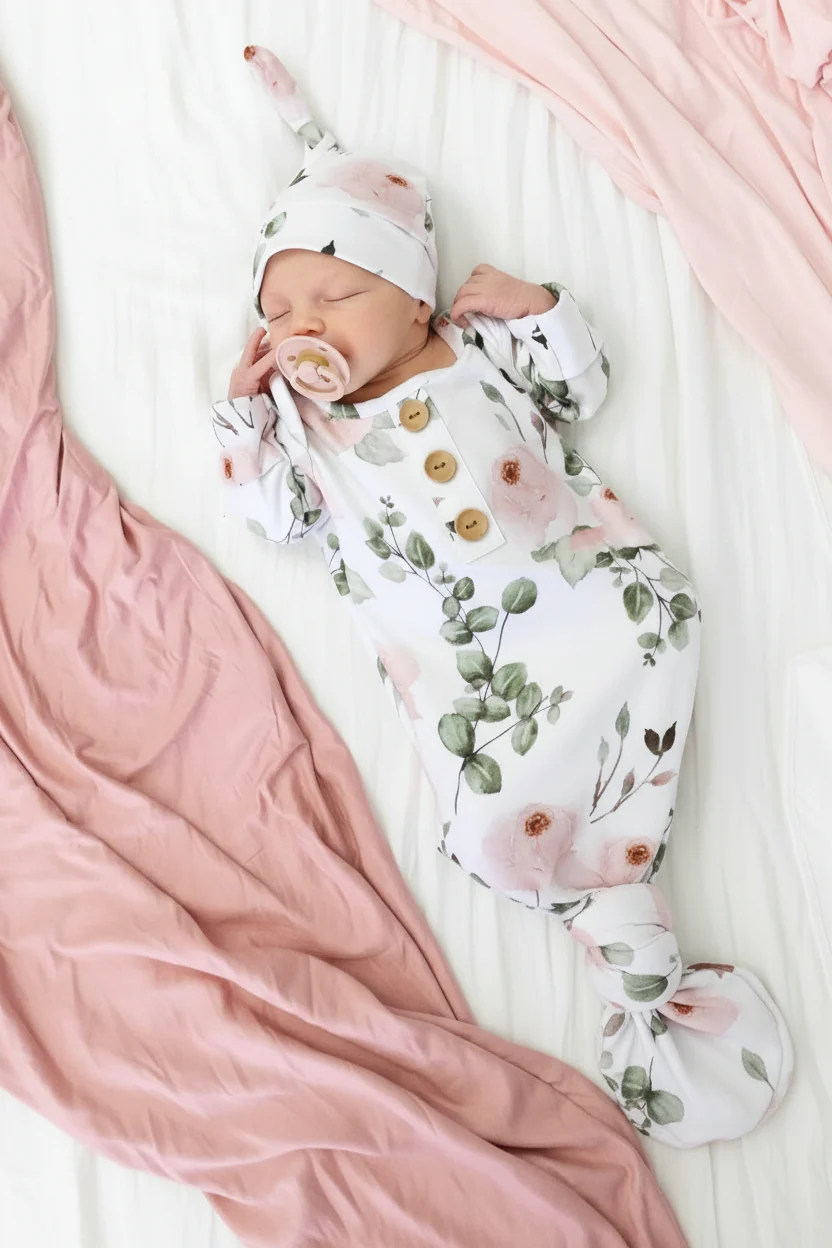 Millie's Dusty Rose Garden Newborn Baby Knot Gown & Hat Set - Image 3