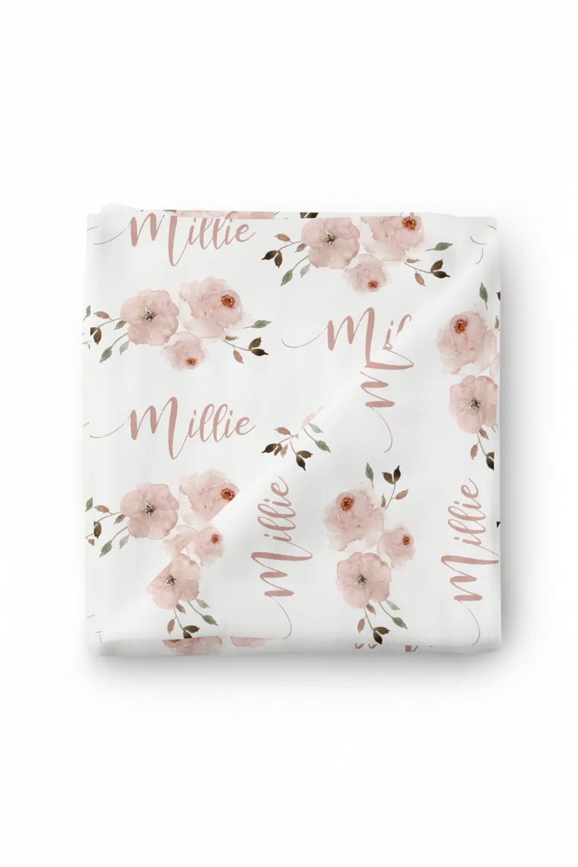 Millie's Dusty Rose Garden Personalized Baby Name Swaddle Blanket - Image 2