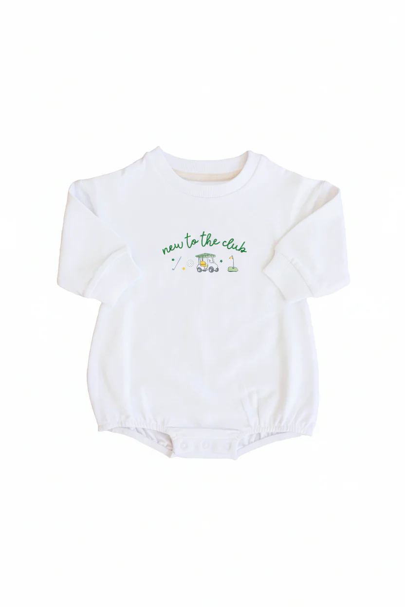 New To The Club Graphic Sweatshirt Bubble Romper | White