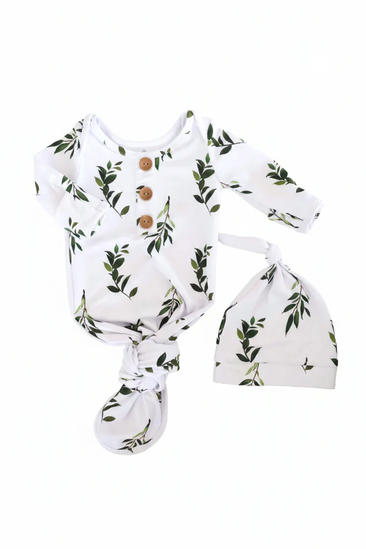 Olive Leaf Newborn Baby Knot Gown & Hat Set - Image 2