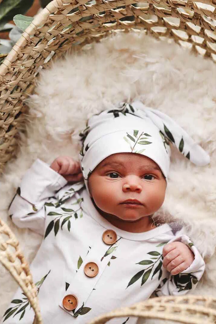 Olive Leaf Newborn Baby Knot Gown & Hat Set - Image 4