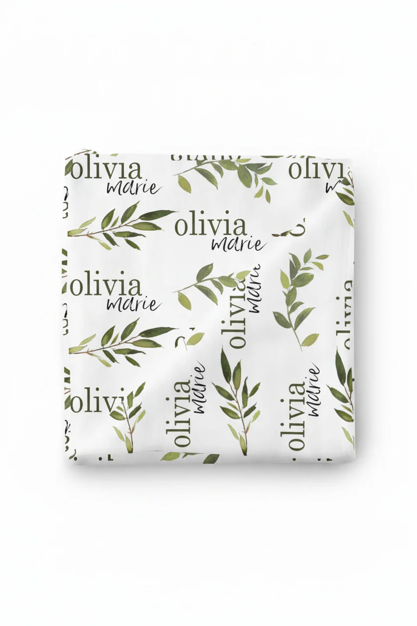 Olive Leaf Personalized Baby Name Swaddle Blanket - Image 2