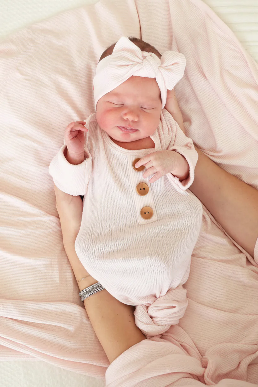 Pearl Pink Bamboo Waffle Knit Large Bow Headwrap - Image 3