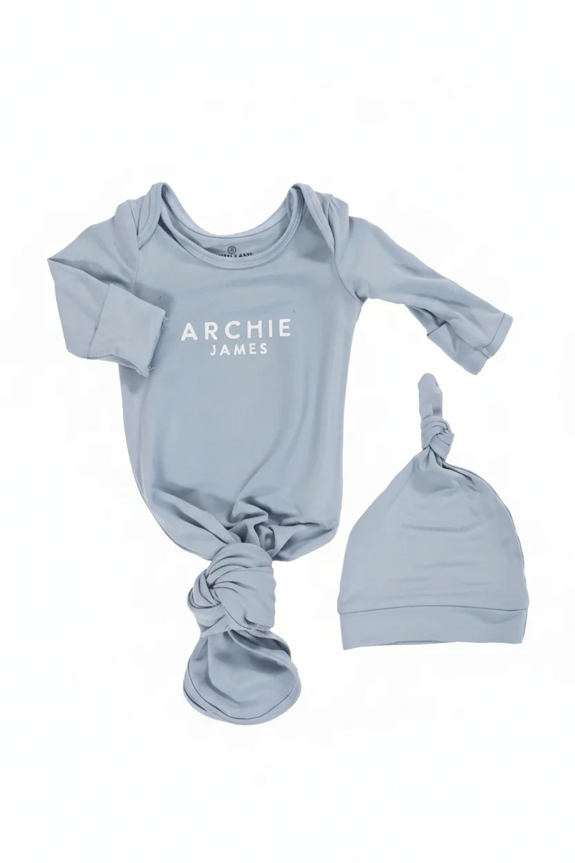 Boy Personalized Bamboo Newborn Baby Knot Gown & Hat - Image 17