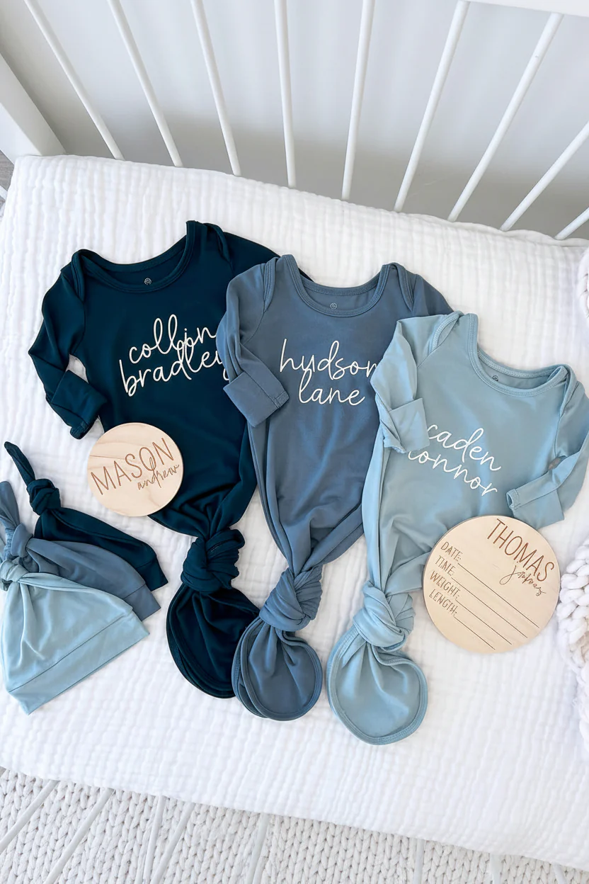 Boy Personalized Bamboo Newborn Baby Knot Gown & Hat - Image 2