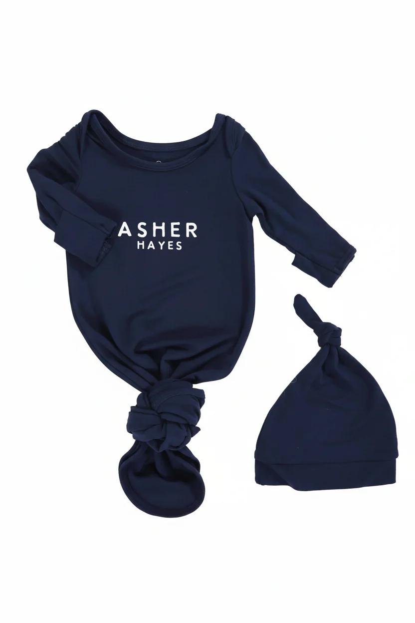 Boy Personalized Bamboo Newborn Baby Knot Gown & Hat - Image 21