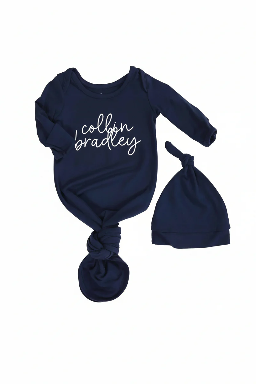 Boy Personalized Bamboo Newborn Baby Knot Gown & Hat - Image 22