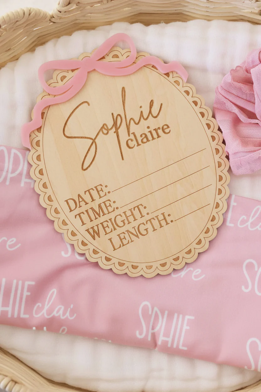 Personalized Birth Stats Wood Announcement | Precious Bow - Image 2