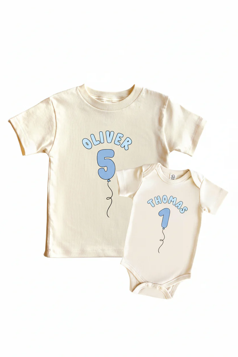Personalized Blue Birthday Graphic Bodysuit & Kids Tee | Natural