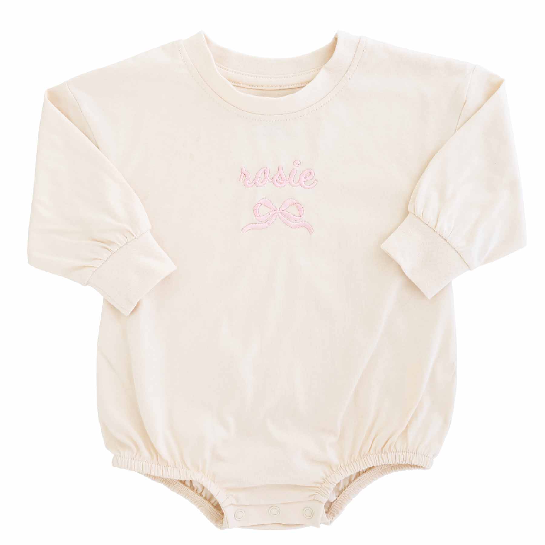 Embroidered Bow Long Sleeve Bubble Romper | Natural - Image 2