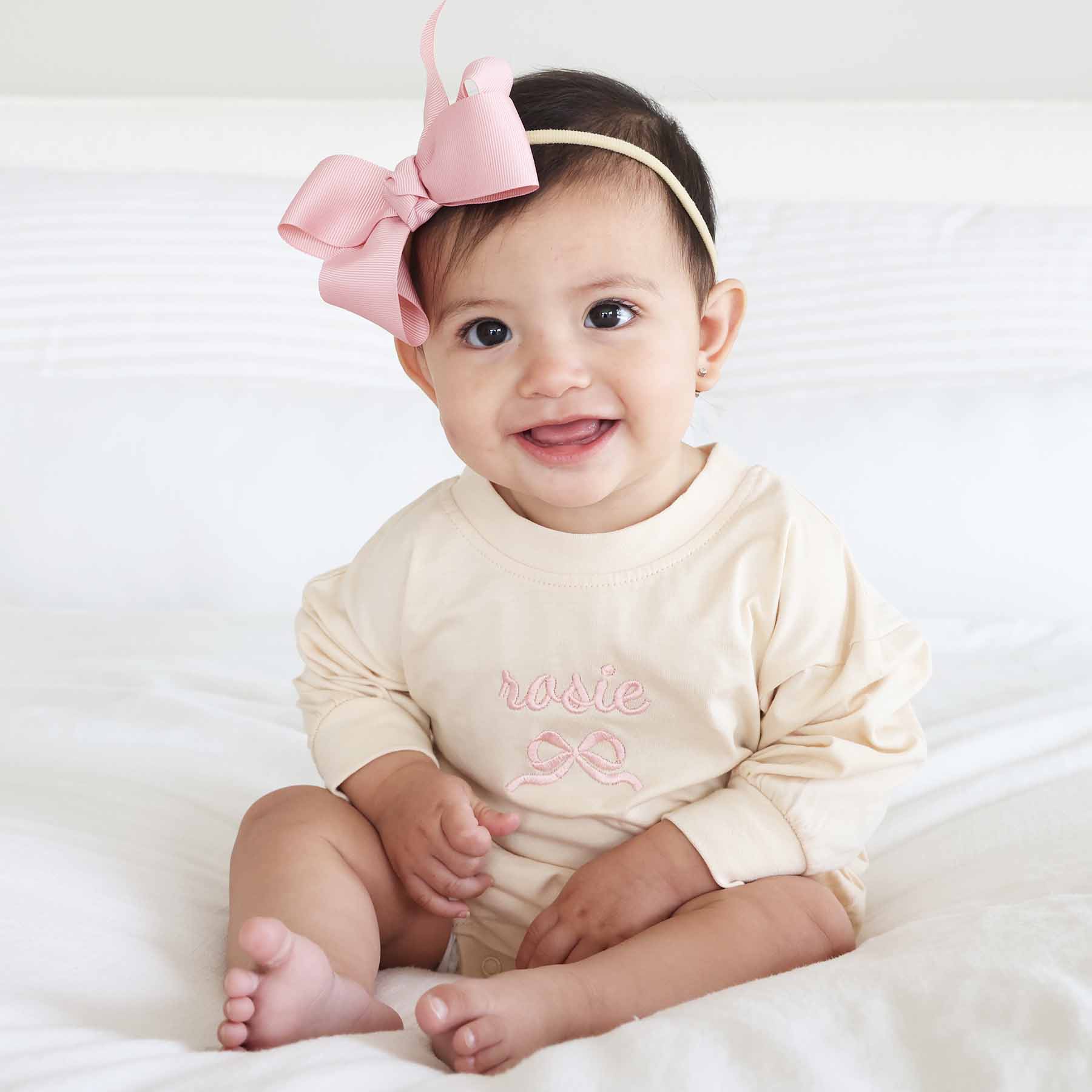 Embroidered Bow Long Sleeve Bubble Romper | Natural - Image 3