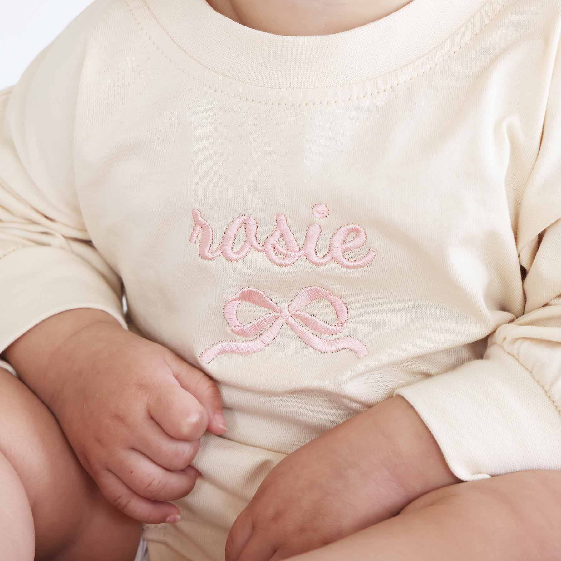Embroidered Bow Long Sleeve Bubble Romper | Natural - Image 4