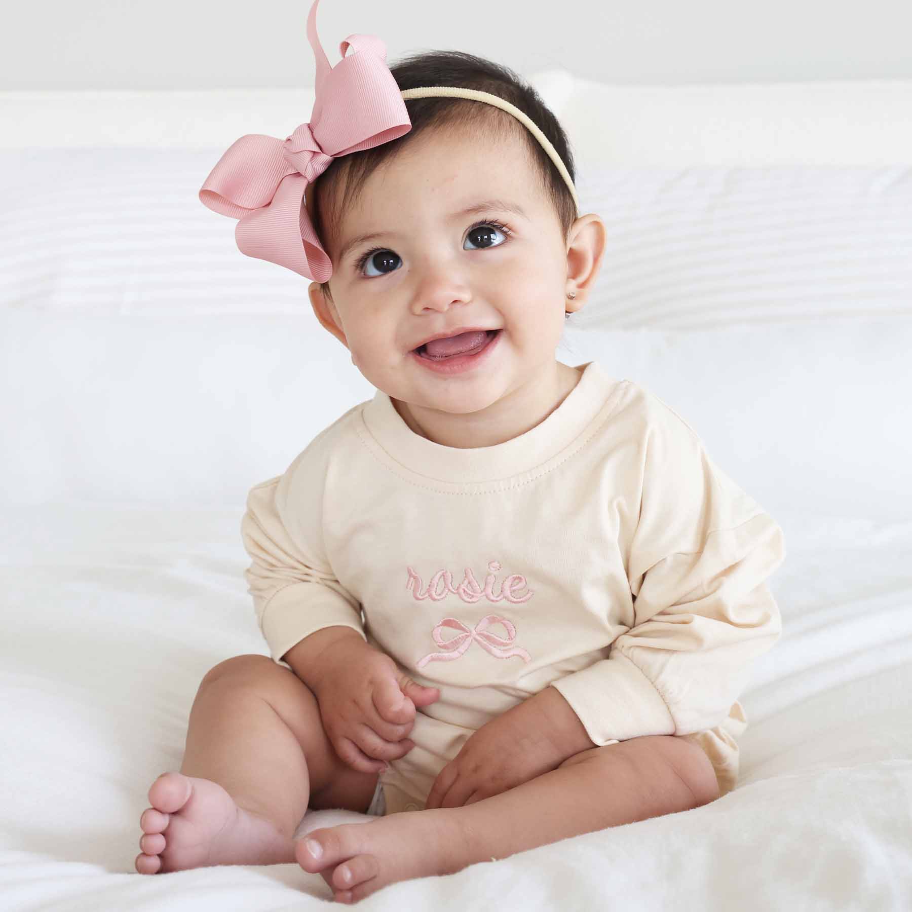 Embroidered Bow Long Sleeve Bubble Romper | Natural - Image 5