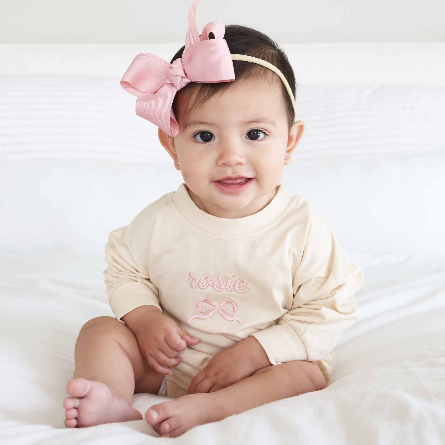 Embroidered Bow Long Sleeve Bubble Romper | Natural - Image 7